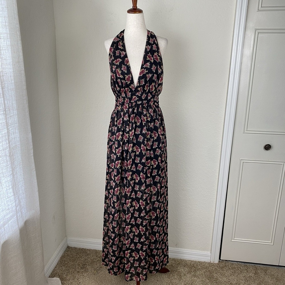 Dainty Hooligan M Halter Maxi Dress Dark Floral Whimsigoth Fairy Boho Backless